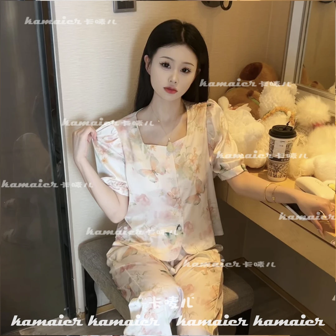 （蝴蝶）夏季气质蝴蝶显白甜美透气睡衣套装女家居服可外穿带胸垫