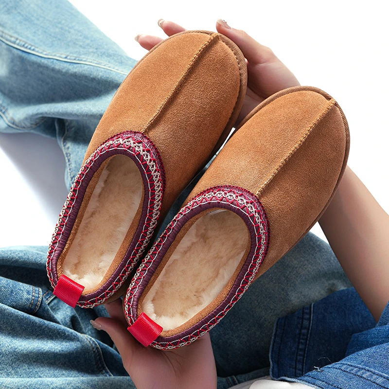 民族风厚底4-5公分女士低筒羊皮毛一体懒人一脚蹬加厚保暖雪地靴