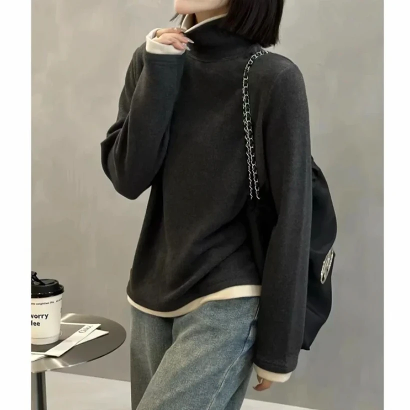 2024冬季保暖新款韩版百搭修身显瘦假两件长袖打底上衣时尚打底衫