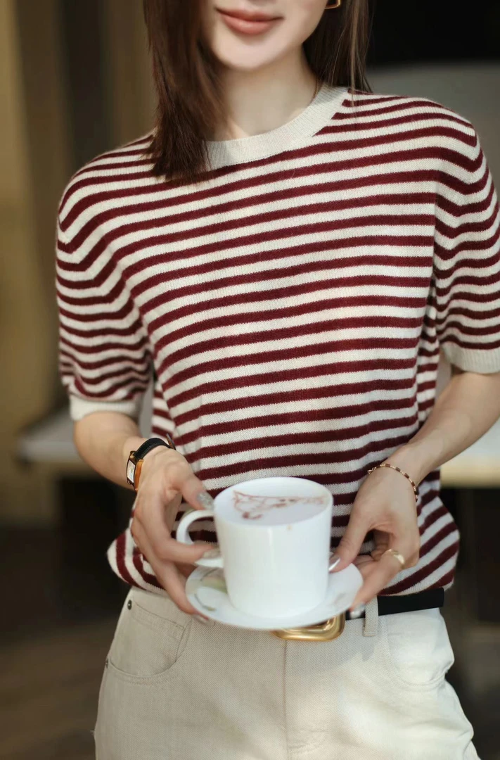 【荣姐精选】条纹羊绒针织短袖