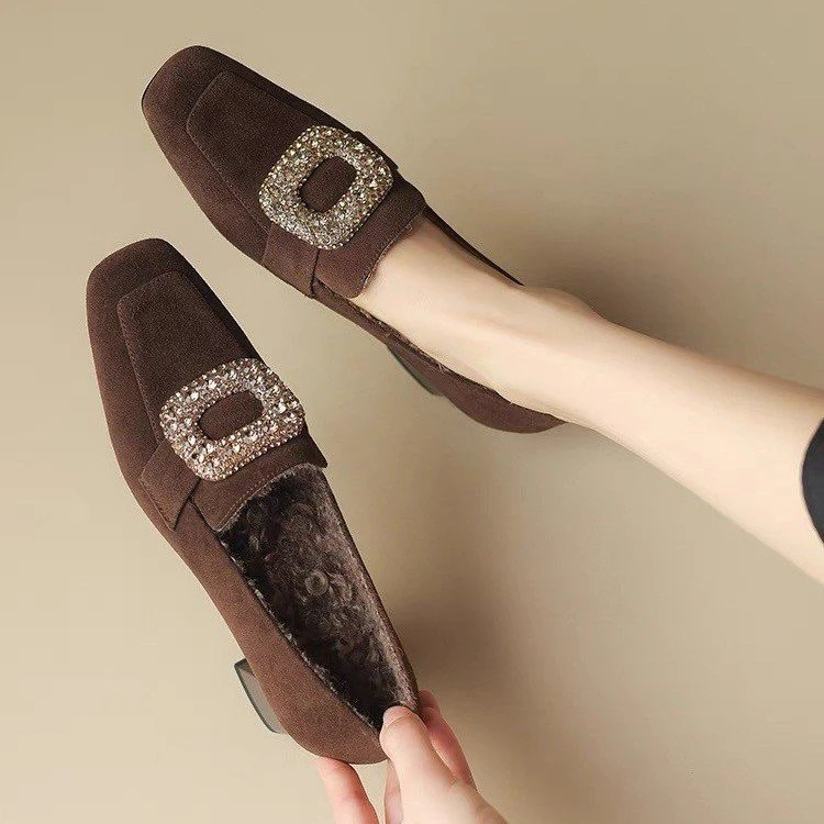 绒面豆豆鞋保暖高跟鞋时尚加绒单鞋2025年秋冬季新款百搭乐福鞋