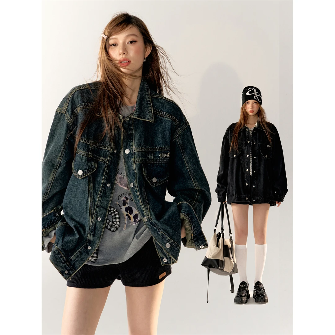 AsGony美式复古翻领牛仔外套女秋季百搭宽松气质oversize夹克上衣