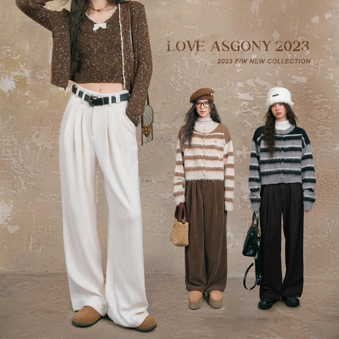 AsGony 灯芯绒阔腿裤女秋冬款加厚小个子高腰垂感显瘦休闲直筒裤