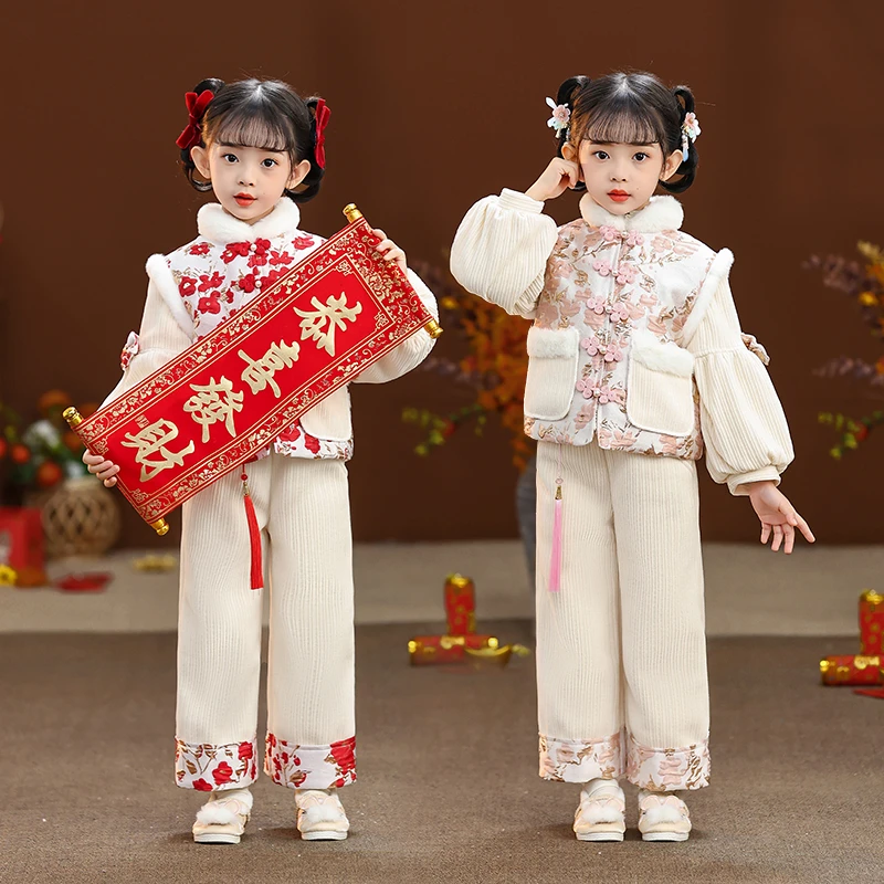拜年服女童唐装冬季新款汉服中国风宝宝周岁新年加厚过年服两件套