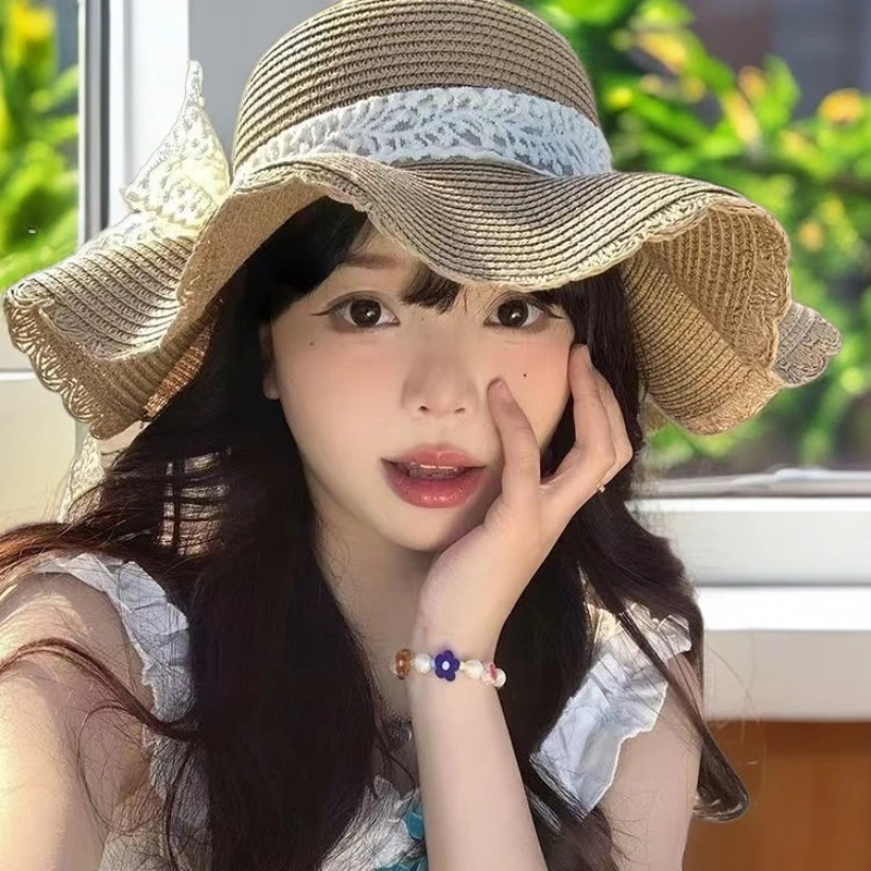 防晒帽波浪边蕾丝蝴蝶结草帽女夏户外时尚韩版度假沙滩海边太阳帽