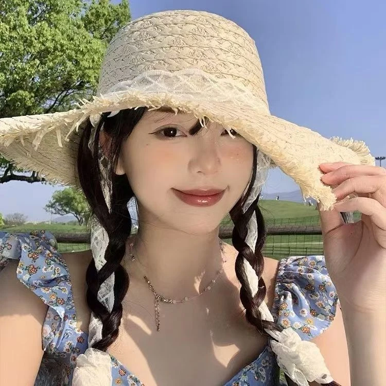 韩版镂空拉菲草帽夏天时尚蕾丝大帽檐防紫外线海边沙滩度假太阳帽