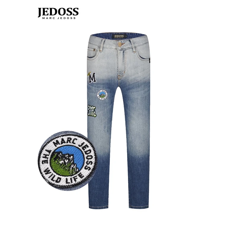 JEDOSS/爵迪斯蓝色破洞新款毛巾绣磨白渐变男款牛仔裤薄款