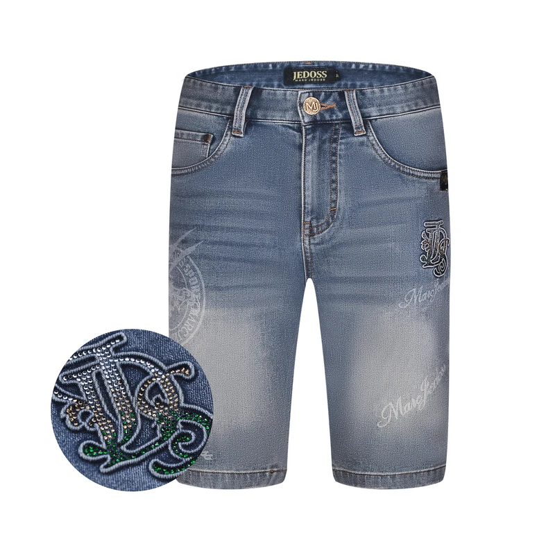JEDOSS/爵迪斯男装夏季潮牌新款简约压凹烫钻印花牛仔中裤130