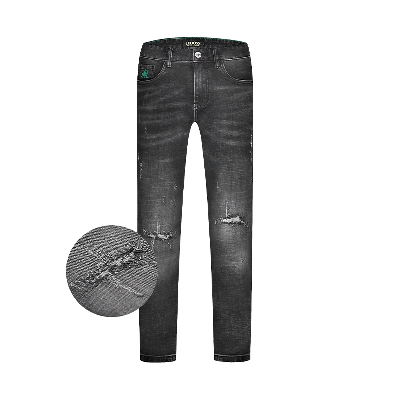 JEDOSS/爵迪斯男装秋冬时尚轻奢刺绣印花破洞弹力修身牛仔裤