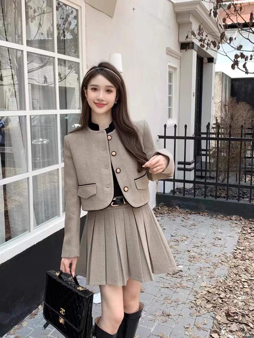 学院风千鸟格短外套百褶裙时尚两件套女装