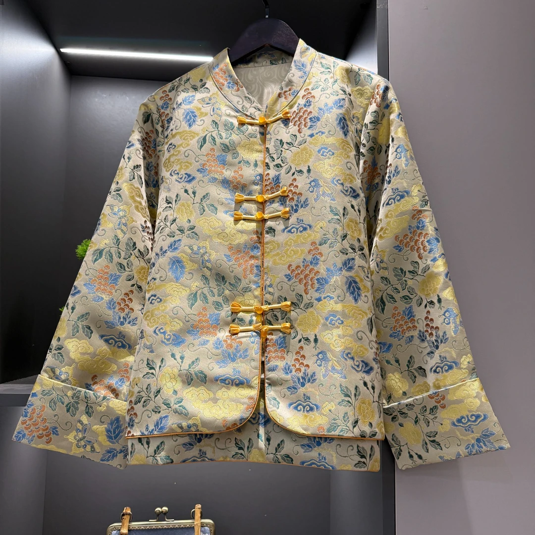 中式开衫复古盘扣传统改良祥云金丝花色春季女装宽松上衣1532