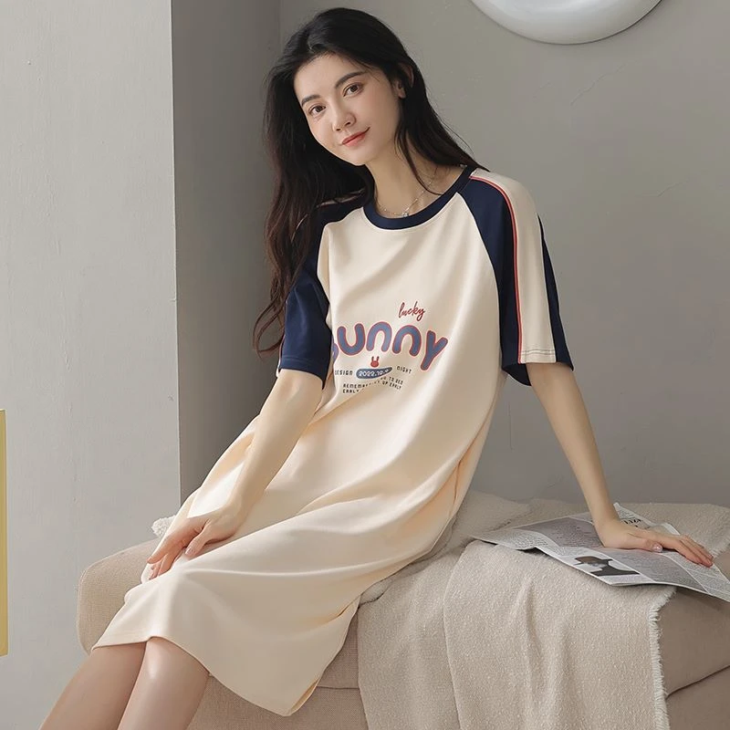 Y6674夏季女士纯棉短袖宽松睡裙 AB拼蓝袖