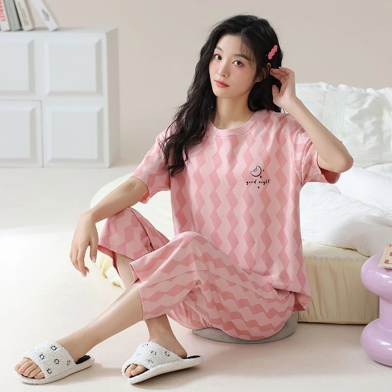 Y72204夏季新款短袖七分裤 粉色波浪家居服