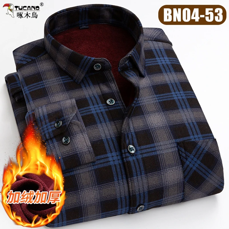 啄木鸟潮神加绒加厚中老年衬衫男大码男士衬衣长袖保暖休闲爸爸