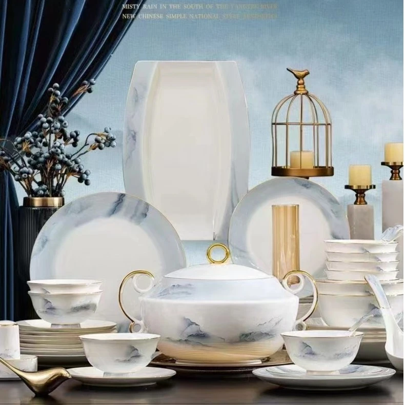 越绣堂千里江山餐具套装轻奢高档碗盘家用简约金边描金新中式