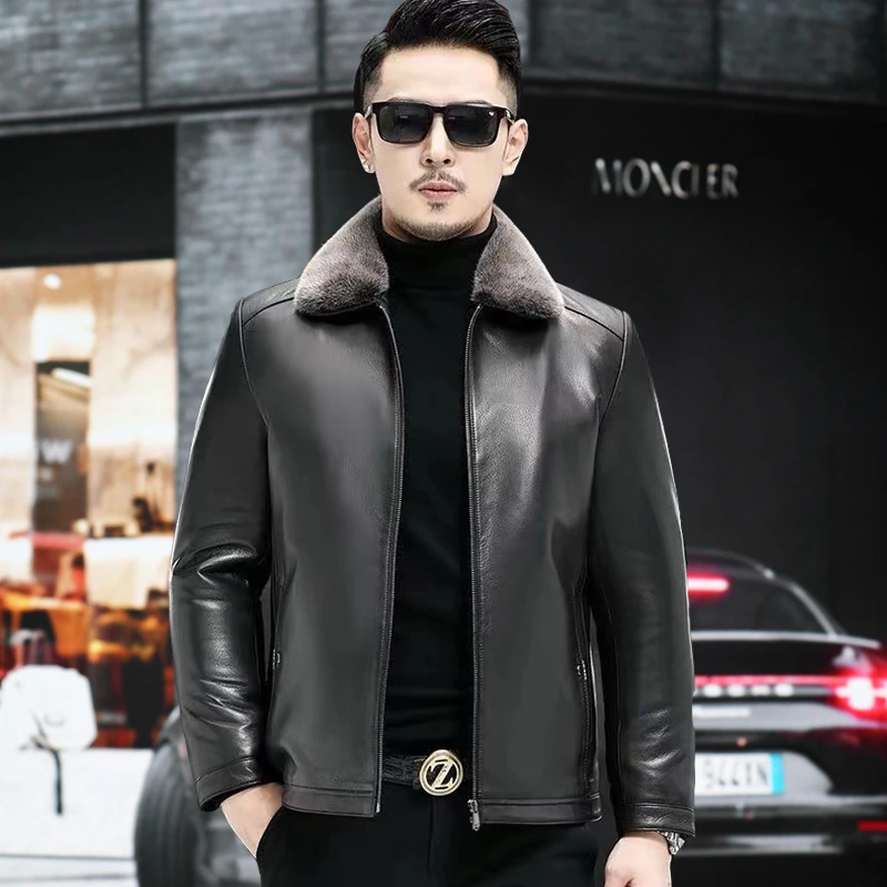 整貂水貂真皮皮衣男山羊皮貂皮皮草内胆毛领皮毛一体可拆卸派克服