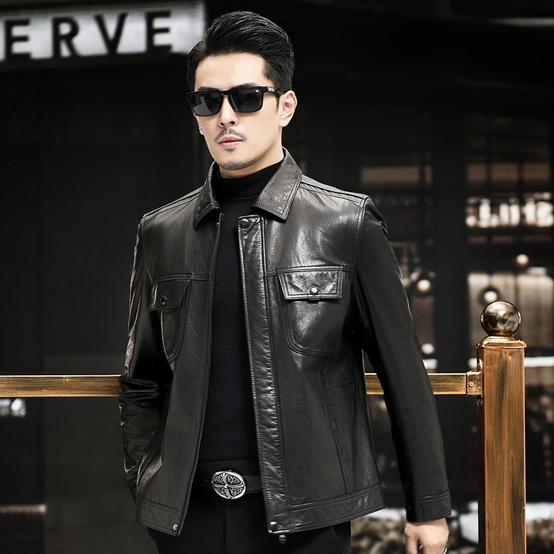 新款海宁真皮皮衣男头层山羊皮植鞣机车皮夹克修身外套薄款