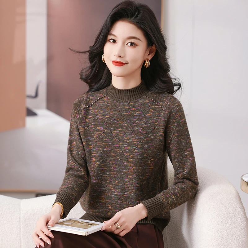 网红款七彩花纱针织衫半高领2024冬季新款女士打底衫时尚显瘦毛衣