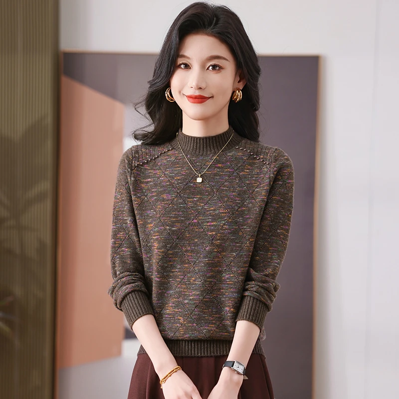 半高领圆领套头花纱针织衫保暖加厚女士打底衫时尚款式显瘦妈妈装