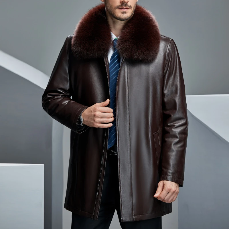 中老年男士皮衣黄金内胆可拆狐狸毛领爸爸尼克服加绒中长款皮衣