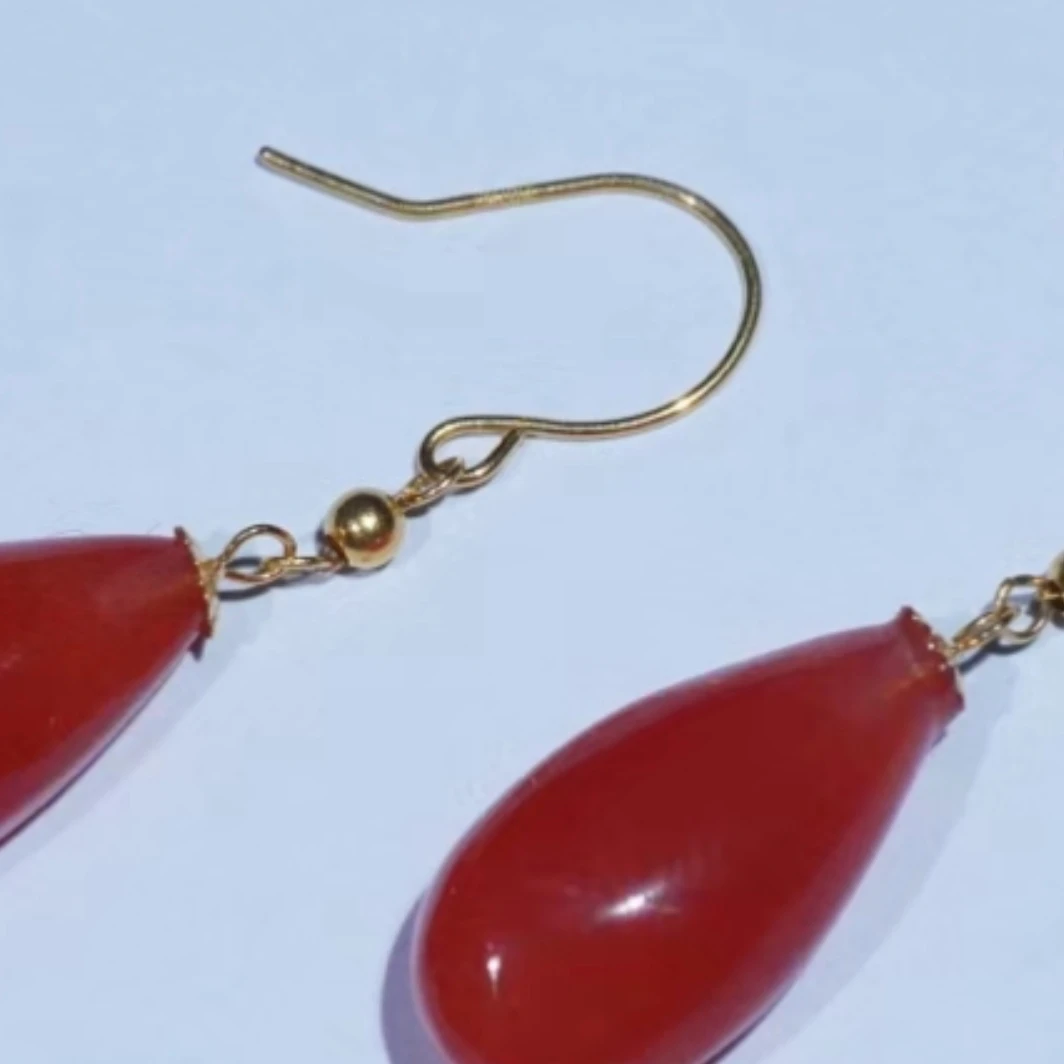 赤玉南红玛瑙凉山联合樱桃红18k金镶嵌耳坠耳钉耳环