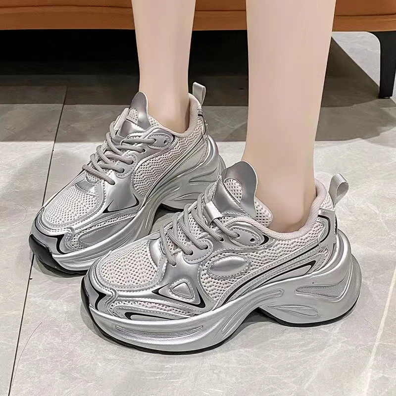 露丝老爹鞋女2024新款夏季女款网面透气女鞋银色增高休闲运动鞋子