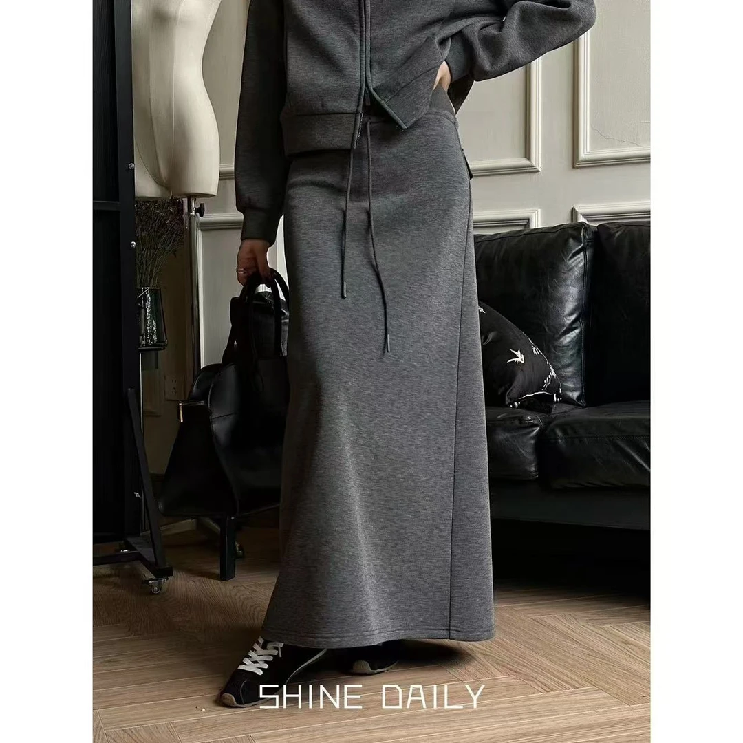 【智感灰】简约H型罗纹松紧腰抽绳加绒百搭半身裙舒适直筒经典灰色