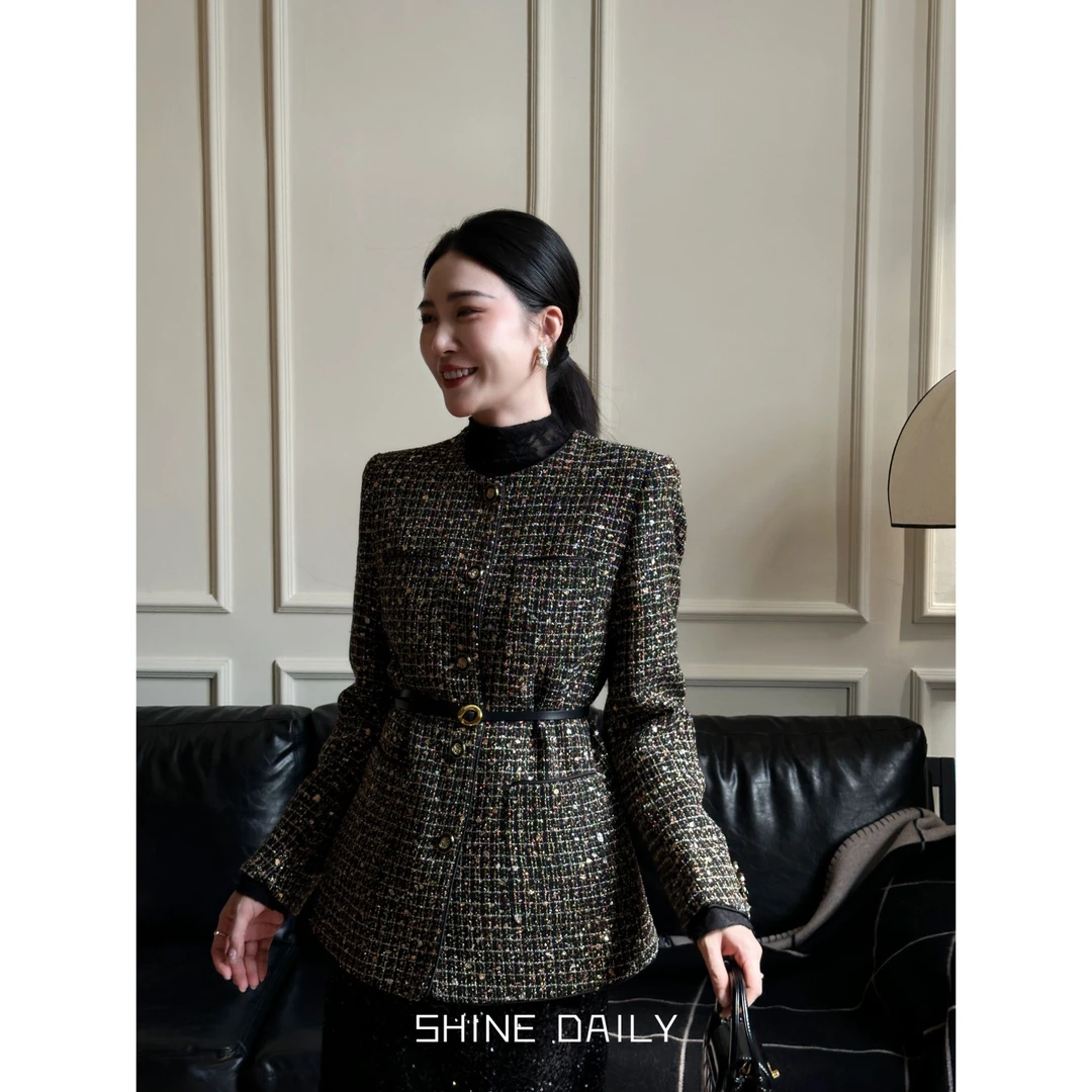 【缪斯气场】高级感小香风粗花呢黑金混纺箱笼廓形感圆领外套气质