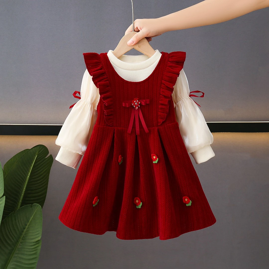 女童秋冬季新款连衣裙两件套中小童韩版洋气花朵背心公主裙小女孩