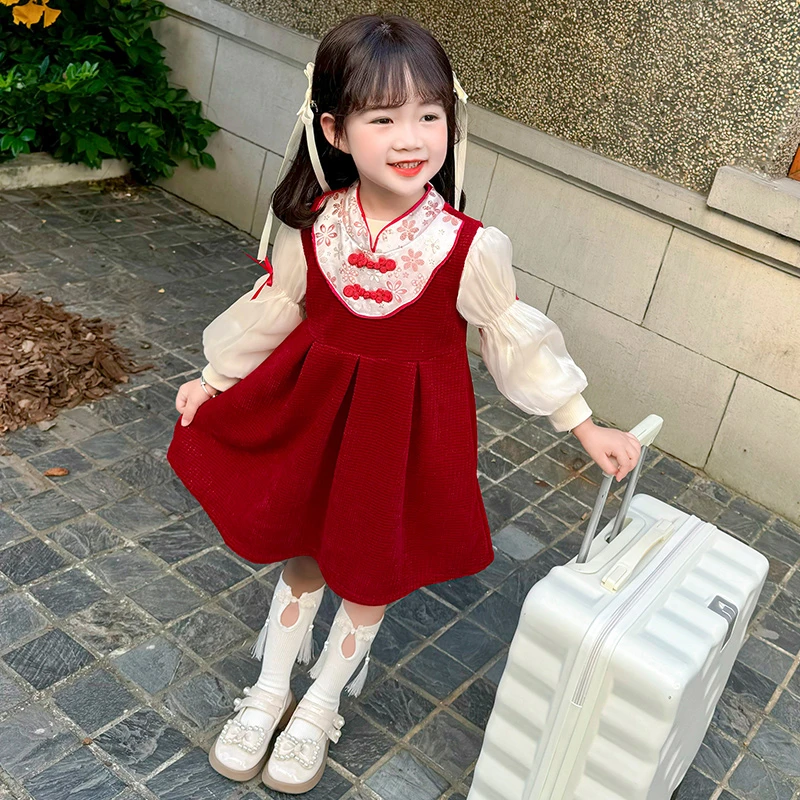 女童洋气秋冬新中式拜年服两件套中小童加绒国风红色背心连衣裙1