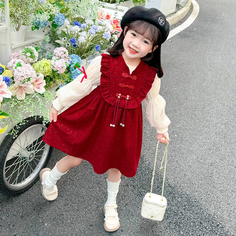 女童背心盘扣公主裙秋冬新款红色两件套中小童加绒背心盘扣连衣裙