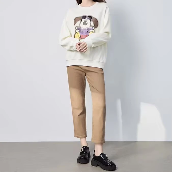 时尚圆领卫衣2025卡通印花宽松休闲白色长袖春季重工百搭设计师