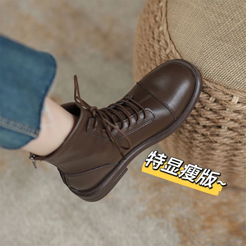 FYZ牛皮棕色显脚小马丁靴女2023冬季加绒英伦风炸街小短靴瘦瘦靴
