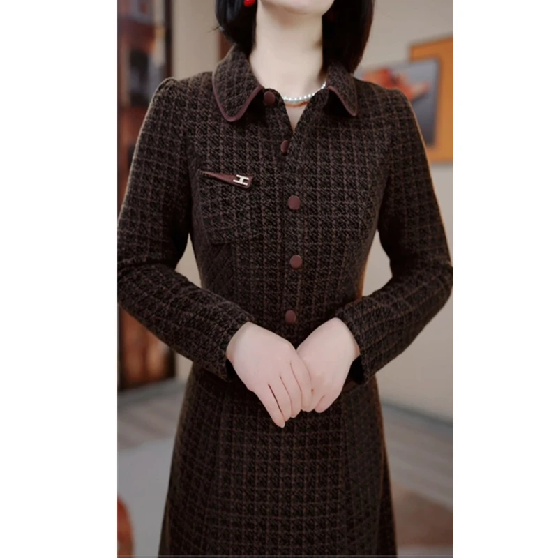 秋冬季新款加厚格子修身显瘦遮肉连衣裙气质高雅大气HR1097时尚