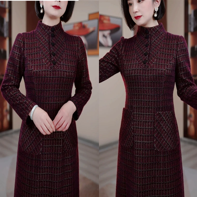 紫色格子冬季新款修身显瘦遮肉连衣裙高雅复古大气HR2035洋气