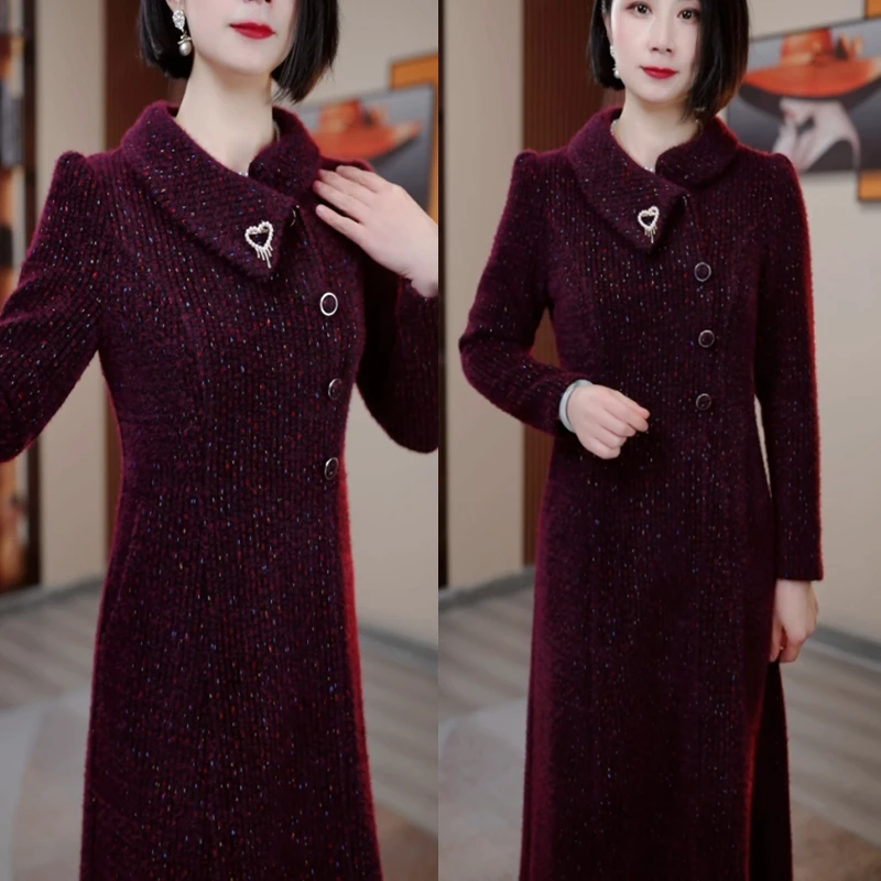 紫色冬季加厚修身显瘦遮肉连衣裙HR2041气质高雅大气时尚