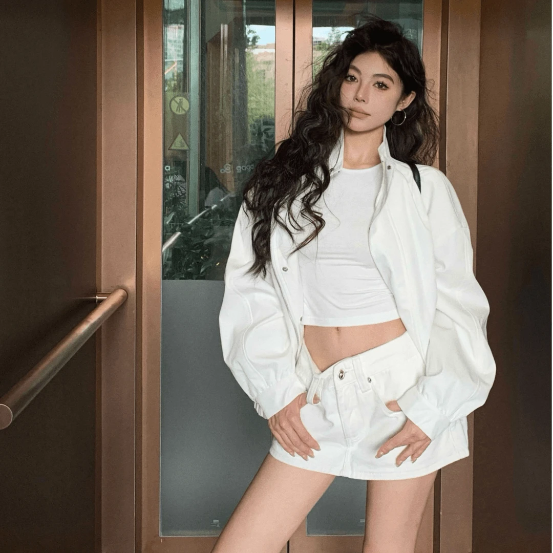 2024夏季新款美式复古辣妹工装半身短裙女高腰显瘦白色a字裤裙子