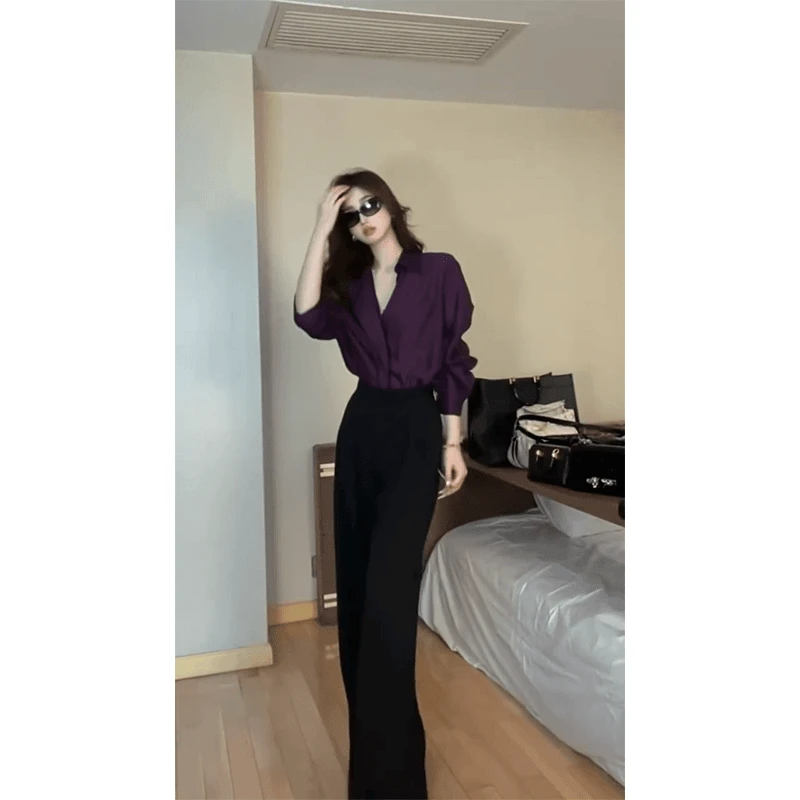 简约时尚御姐性感轻奢风长袖衬衫上衣2024秋季高腰垂感休闲阔腿裤