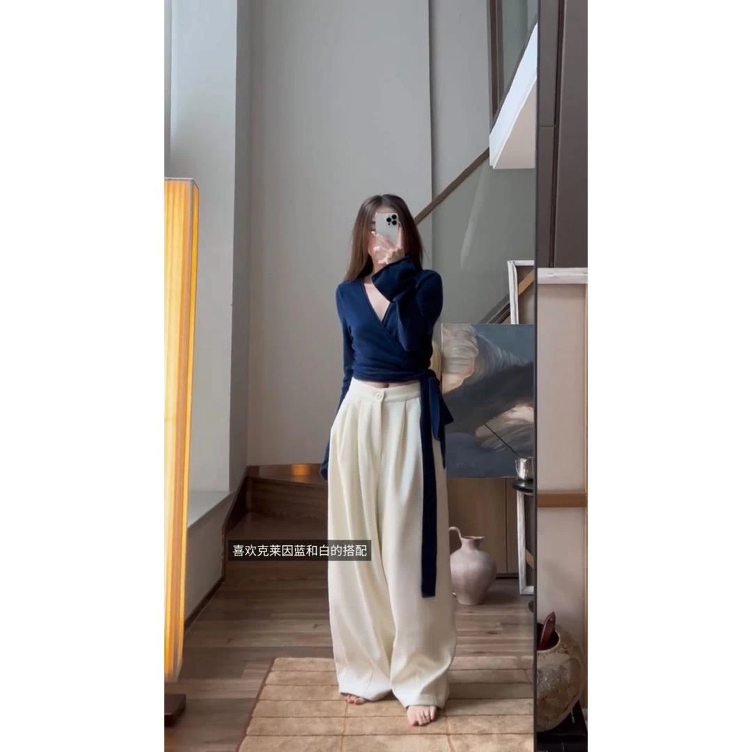 法式针织开衫女2024新款绑带时髦修身上衣百搭高腰宽松垂感休闲裤