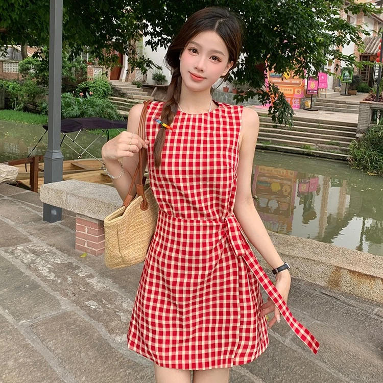 甜美红格纹无袖少女收腰显瘦背心连衣裙夏法式复古气质时尚a字裙