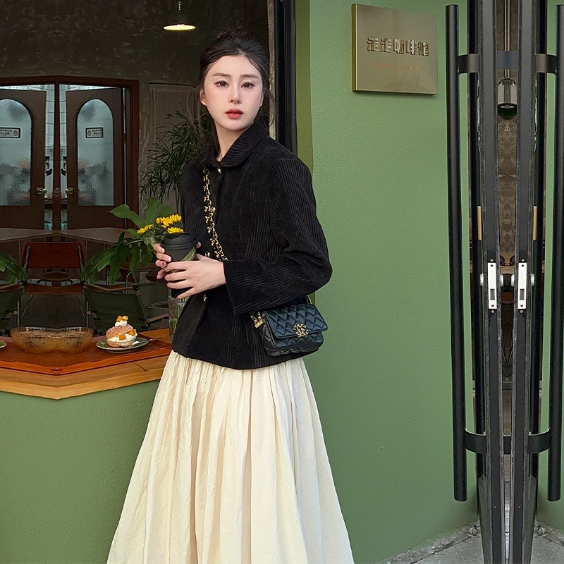 法式复古高级感黑色经典收腰圆领小西装麻本色大褶云朵半身裙套装