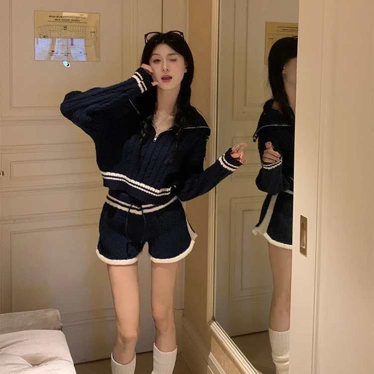 2024早秋韩chic学院风简约海军领毛衣温柔气质针织两件套时尚套装