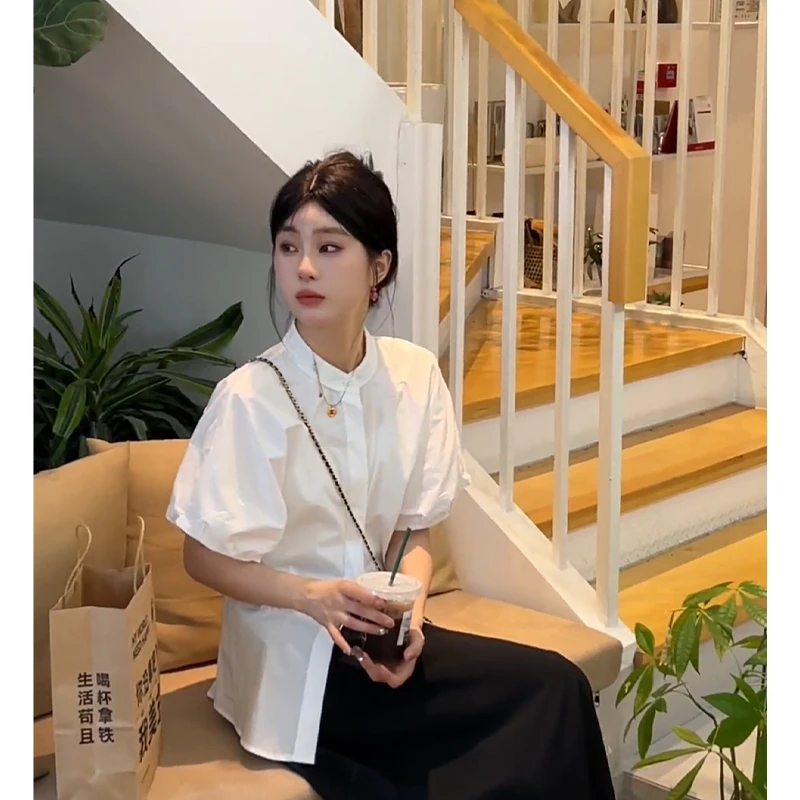 高级感小众设计白色泡泡袖衬衣女法式气质宽松衬衫时尚立领上衣夏