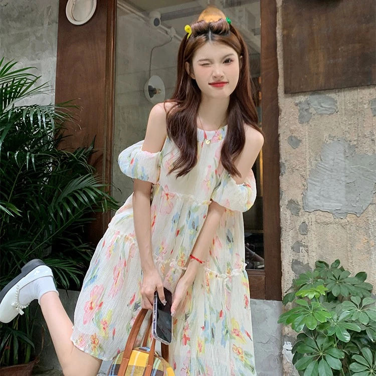 小清新多巴胺色彩肌理感挂脖灯笼袖碎花仙女裙气质露肩连衣裙夏季