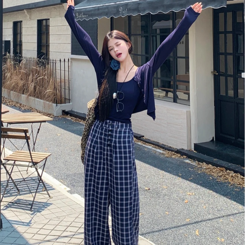 复古格子休闲小清新长裤宽松慵懒风吊带披肩三件套直筒设计拖地裤