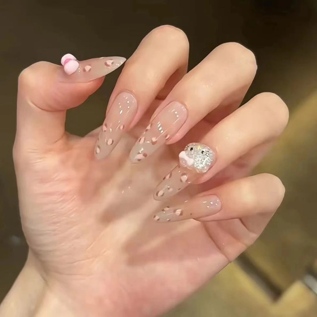 【长款】可爱豹纹浅低kitty猫蝴蝶结 学生浅粉 穿戴式美甲贴指甲贴