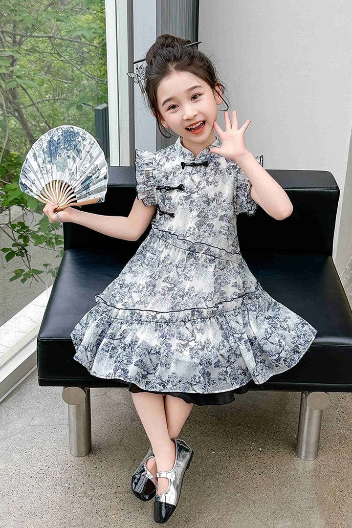 2024甜美黑白花朵碎花公主女童短袖连衣裙儿童连衣裙