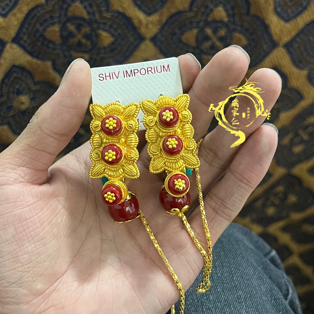 铜合金耳饰 藏家仁藏饰新款尼泊尔镀金民族藏式耳饰耳链龙头耳环