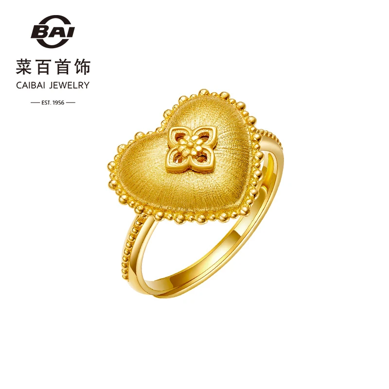 菜百足金戒指5G黄金巴洛克复古桃心丝绒感戒指