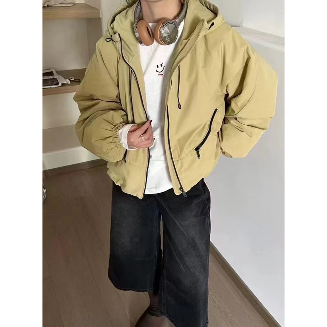 AF初沫 7028 连帽抽绳圆弧压线口袋拼色短款冲锋衣羽绒外套1459